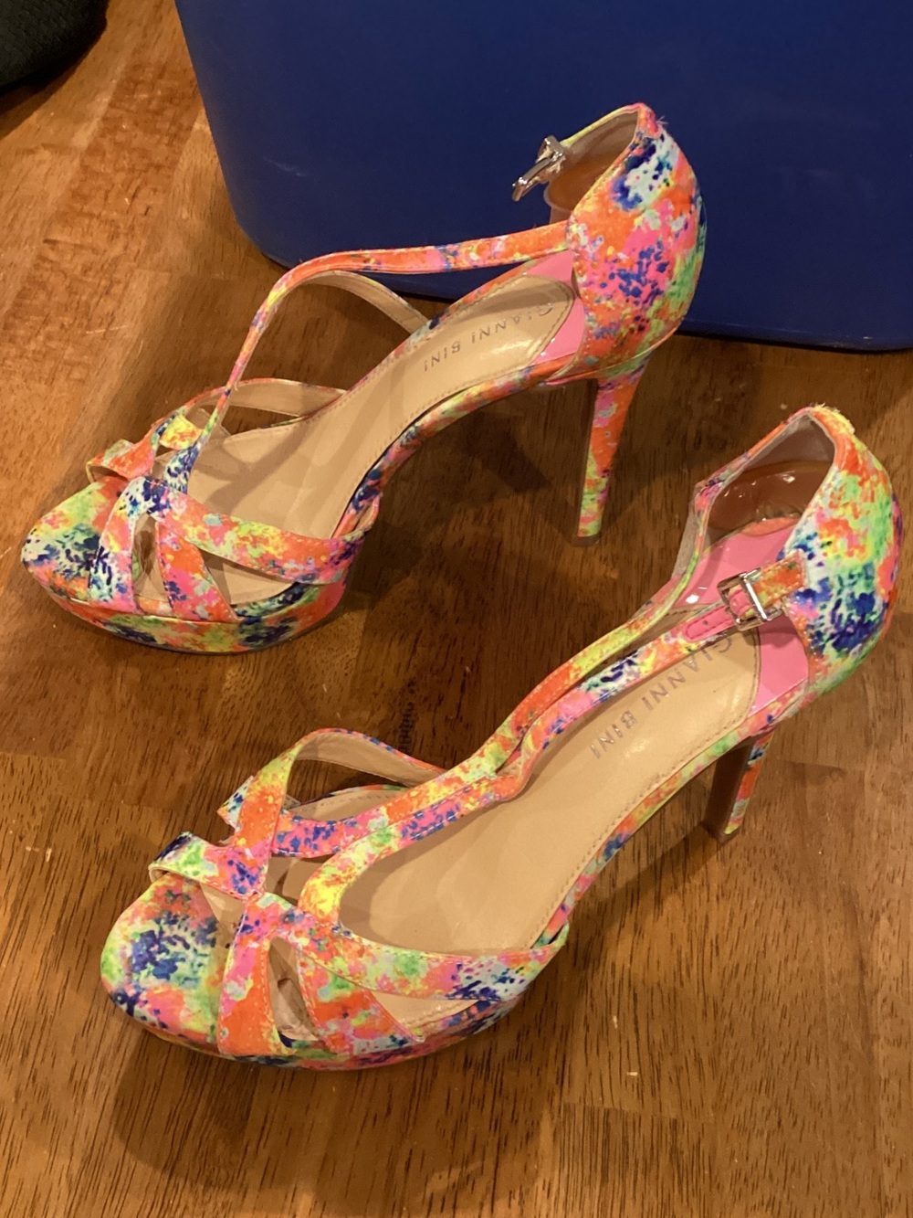 Gianni Bini Neon Multicolor Floral T-Strap Heels